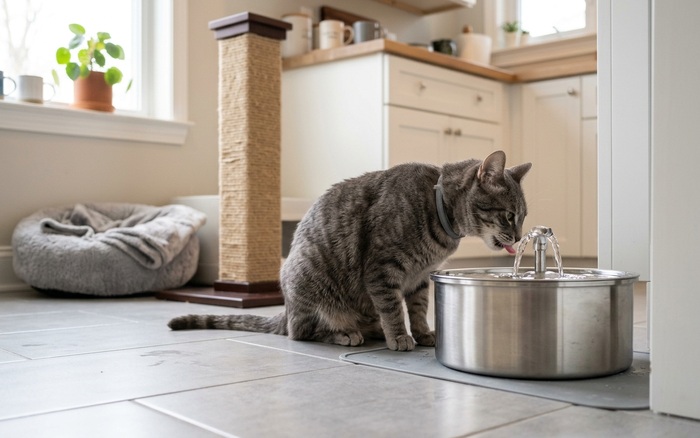 Cat drinking from a stainless steel water fountain at home