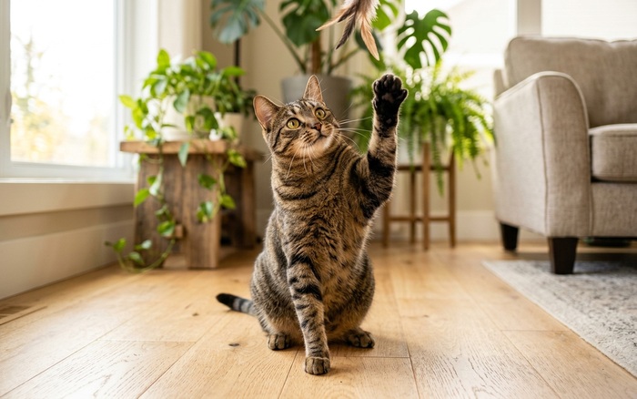 A cat pawing at a feather wand toy during a play-training session