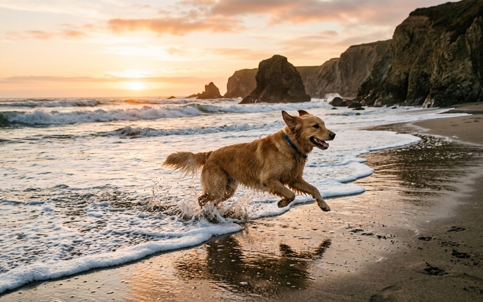 Dog running through the surf on a Northern California beach