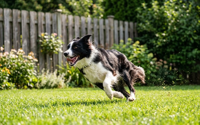 Dog doing zoomies — sprinting in joyful circles around the backyard