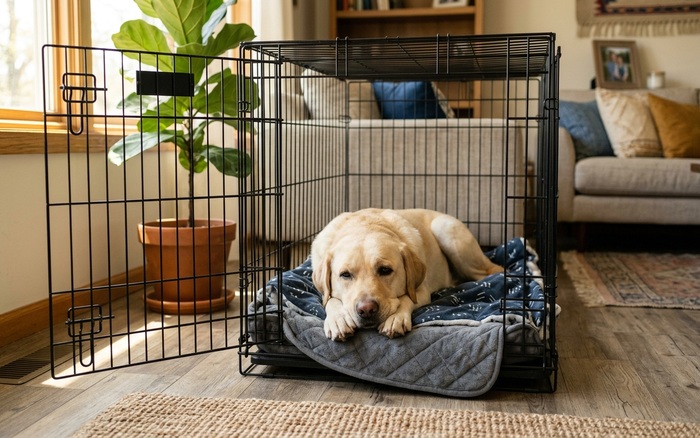 Dog resting calmly inside an open wire crate in a cozy home