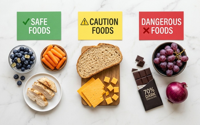 Safe, caution, and dangerous foods for dogs arranged in color-coded groups