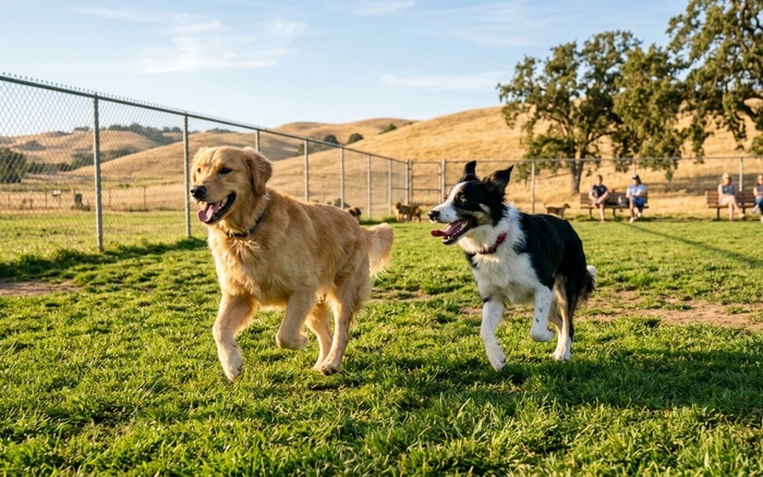 Dogs running off-leash at a South Bay dog park