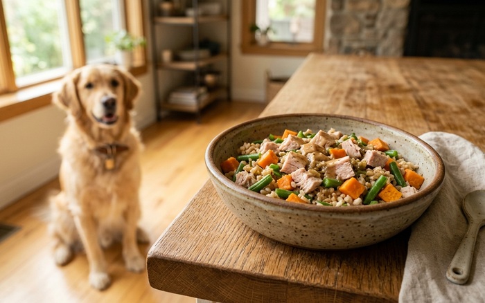 Freshly prepared homemade dog food in a ceramic bowl with vegetables