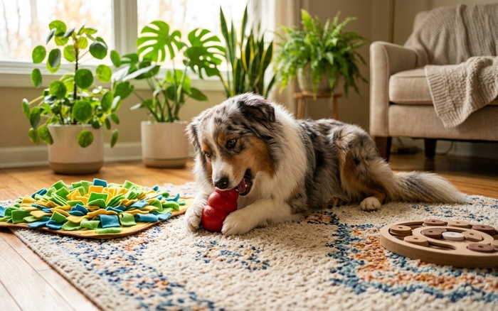 Happy dog playing with an enrichment toy on the floor