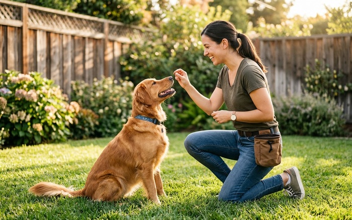 A person training a happy dog with a treat in a sunny backyard