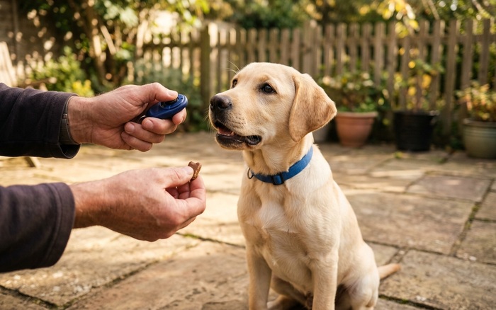 A person rewarding a sitting dog with a treat during a short backyard training session