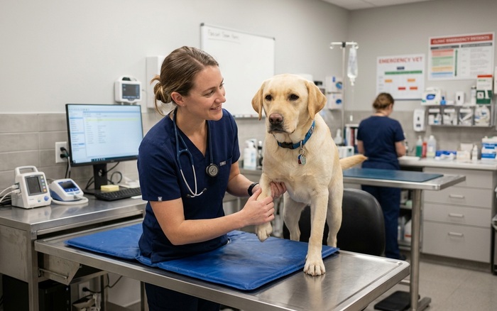 Veterinarian examining a dog at an emergency animal hospital