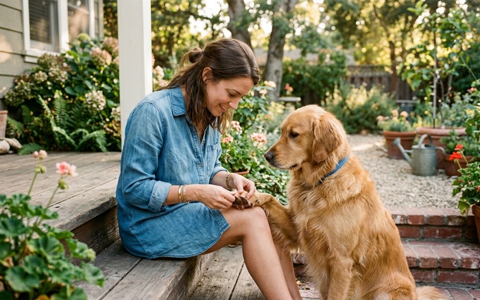 Pet owner checking between a dog's toes for foxtails after a walk