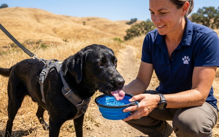 Dog drinking water on a hot California day
