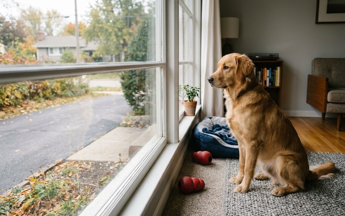 A dog looking out a window at home while waiting for its owner