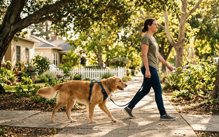 A dog walking politely on a loose leash in a no-pull harness
