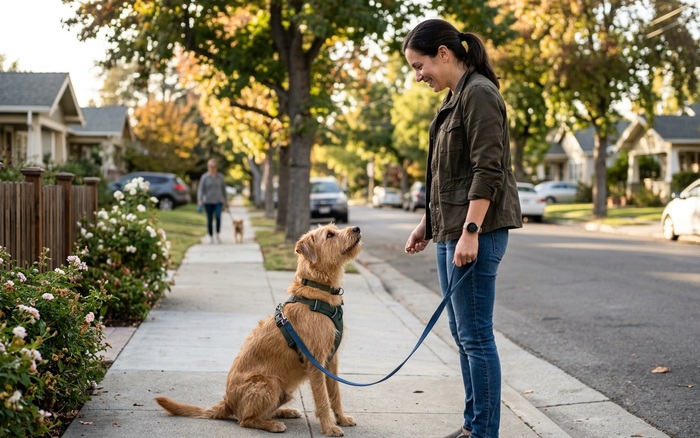A dog focused calmly on its owner during a leash-reactivity training walk