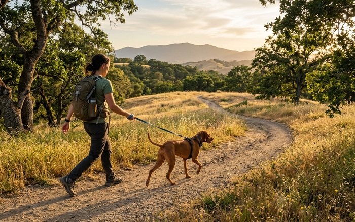 Rancho San Antonio hiking trail with dogs near Cupertino