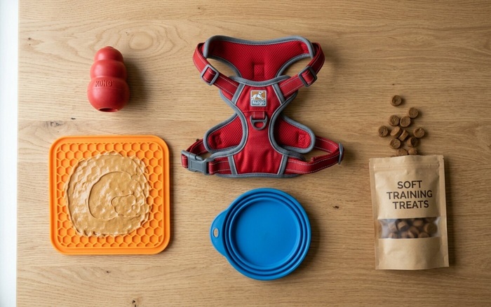 Flat-lay of top-rated dog and cat care products recommended by Pawsides
