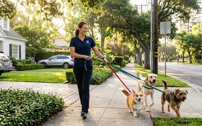 Dog walker with three dogs on a sunny California street