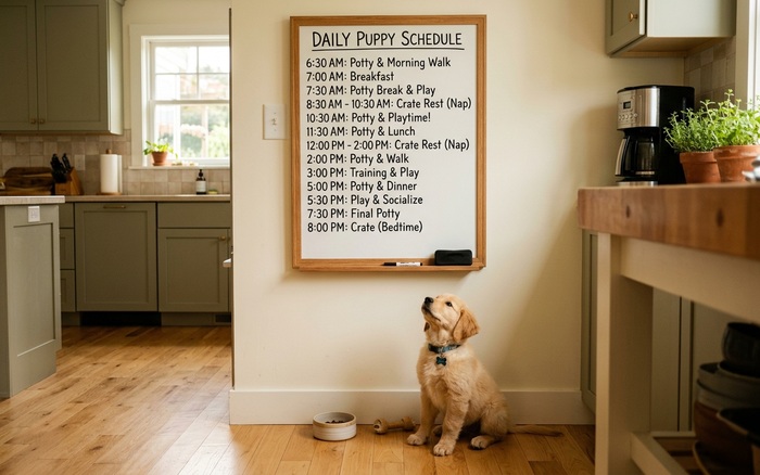 Daily puppy potty training schedule on a kitchen whiteboard