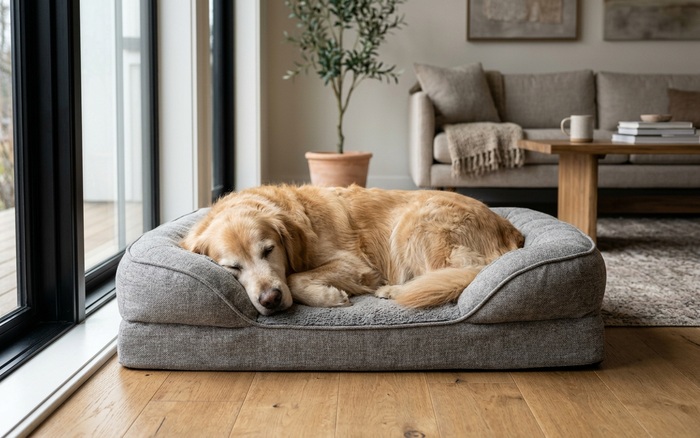 Well-cared-for dog resting on a premium orthopedic bed in a stylish home