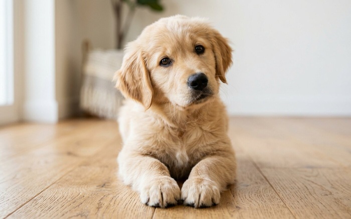 Golden retriever puppy looking up curiously