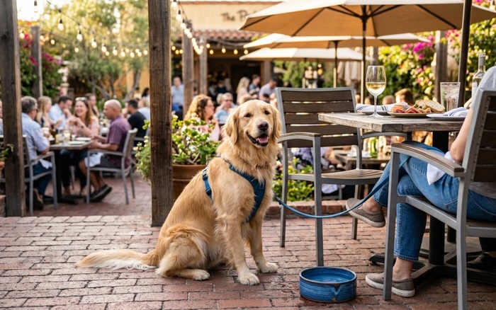 Dog sitting calmly at a pet-friendly restaurant patio