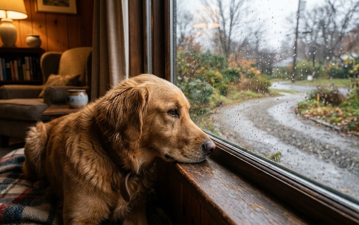 Dog resting its chin on a windowsill, gazing out the window