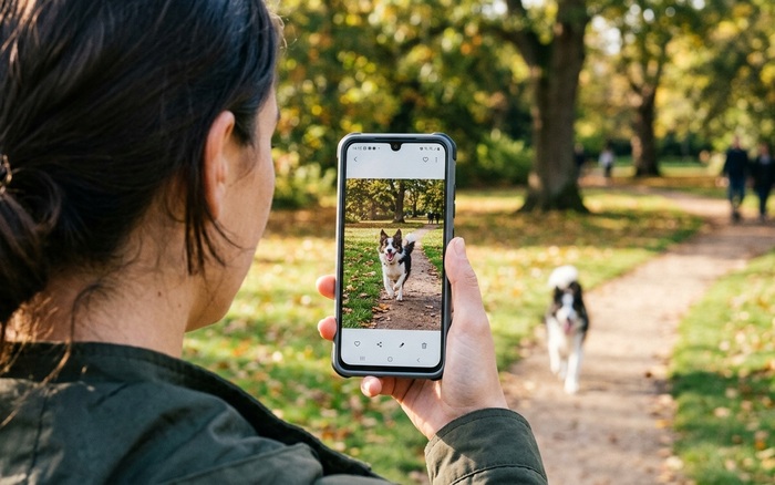 Phone screen showing a photo update of a happy dog, sent by a pet sitter mid-visit