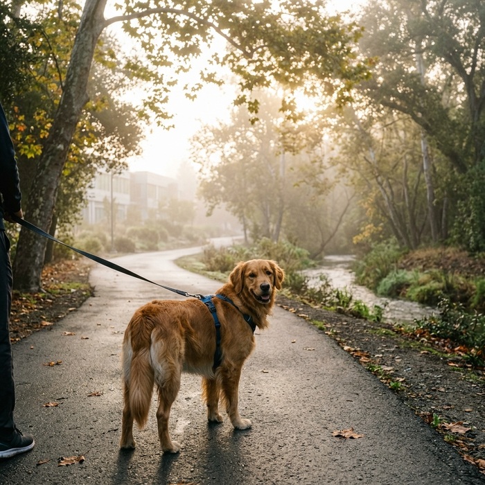 Dog on leash in early-morning mist along Stevens Creek Trail