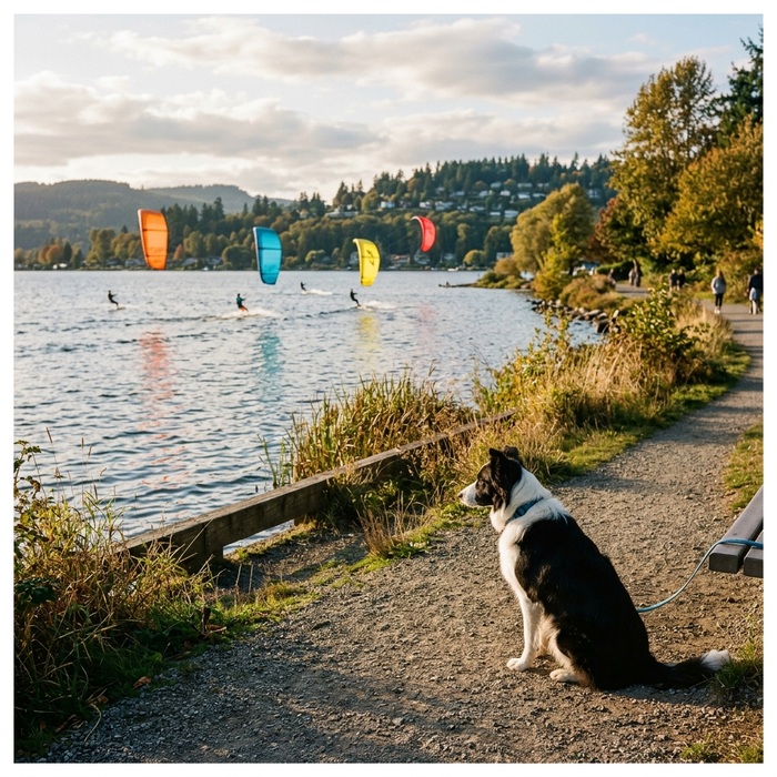 Dog watching kiteboarders from the Shoreline lake path