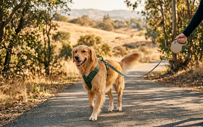 Dog walking on-leash in a no-pull harness on a sunny South Bay path
