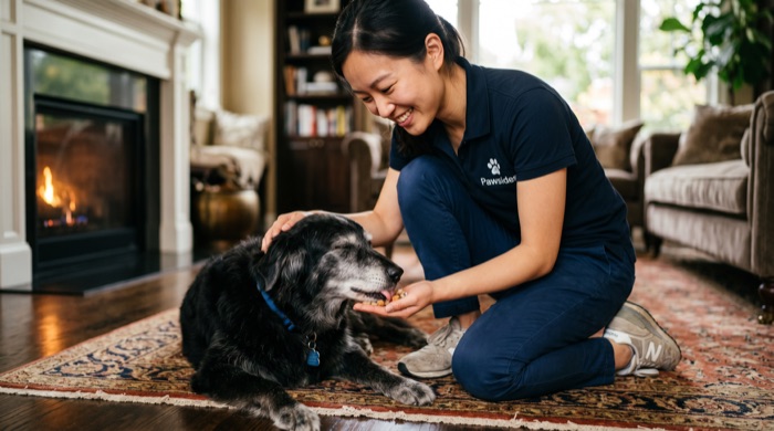 Pawsides sitter giving attentive in-home care to a dog in the South Bay